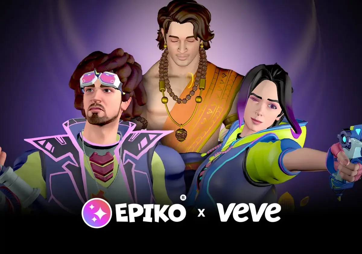 Three Epikomi characters from Epiko and VeVe against a purple backdrop.